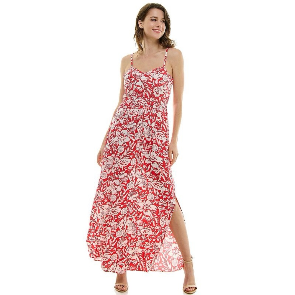 Lily Rose Sleeveless Molded Cup Maxi Dress Juniors Hawaiian Flowers Floral Red